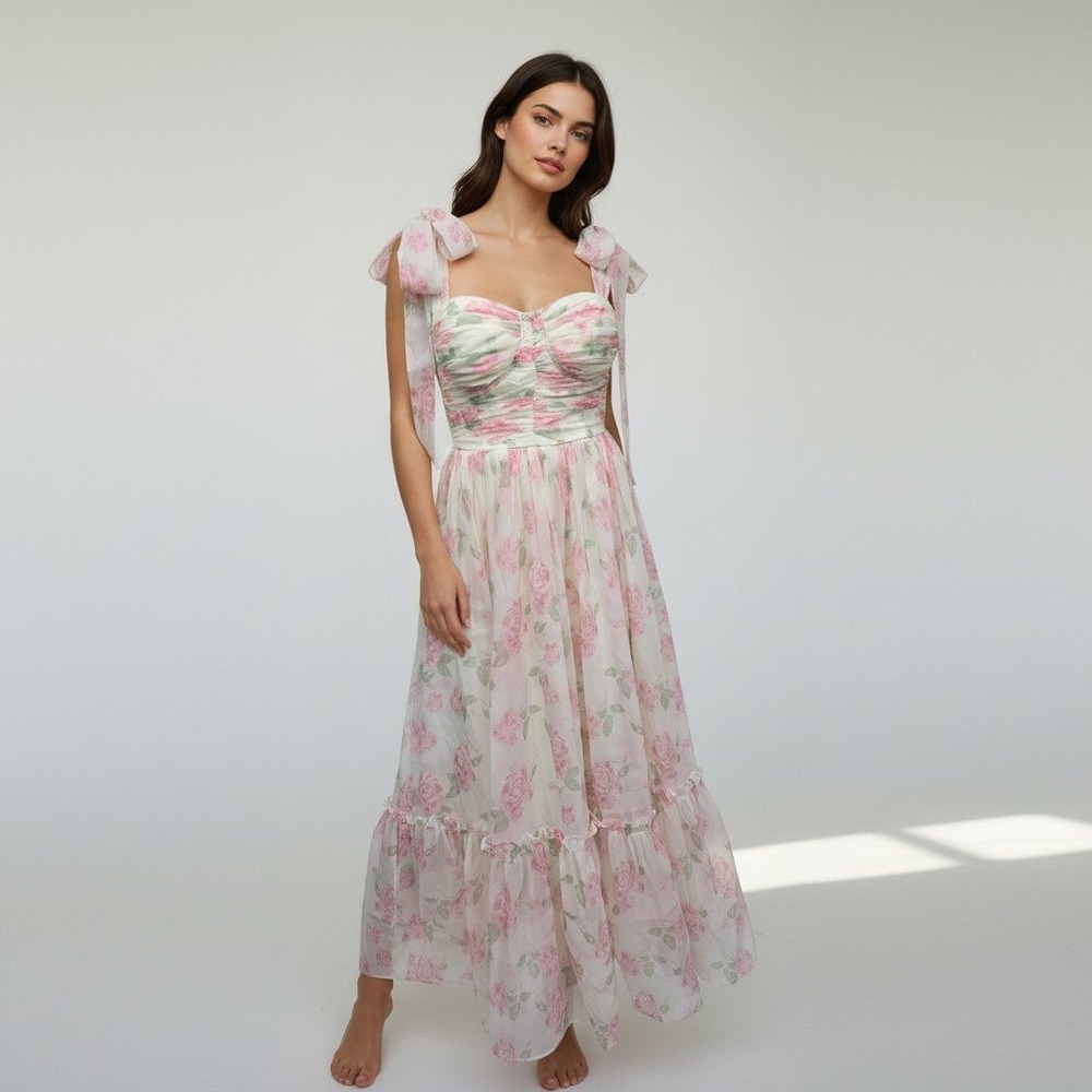 Mable Pink Floral Chiffon Tie Strap Midi Dress MD3362B Cream Rose Size Small